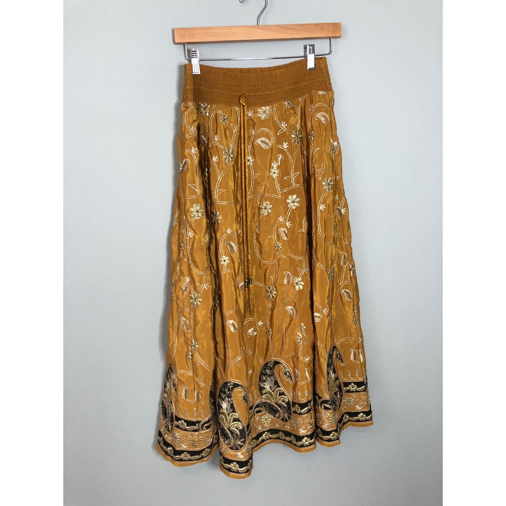 Soft Surroundings Maxi Skirt Womens PXS Gold Embroidered Paisley Smocked Boho